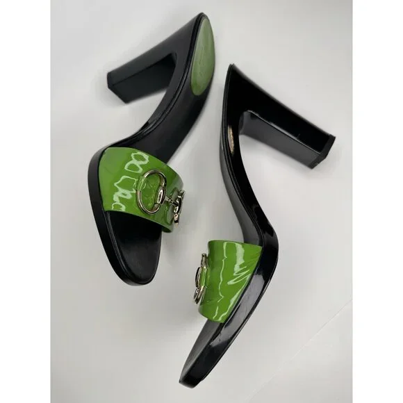 Gucci Horsebit Size 9,5/40 Green Patent Leather Heel Sandal - Picture 3 of 16